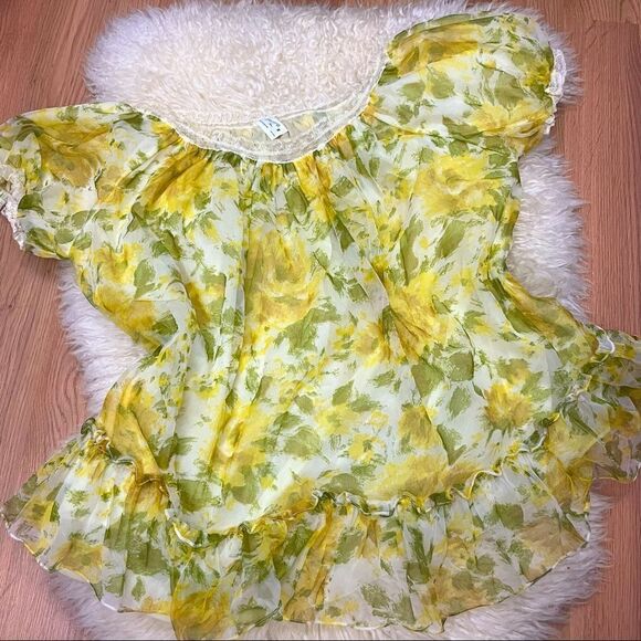 Vintage 60’s/70’s Floral Babydoll Nightie Yellow Green Chiffon Ruffle M - Picture 1 of 7